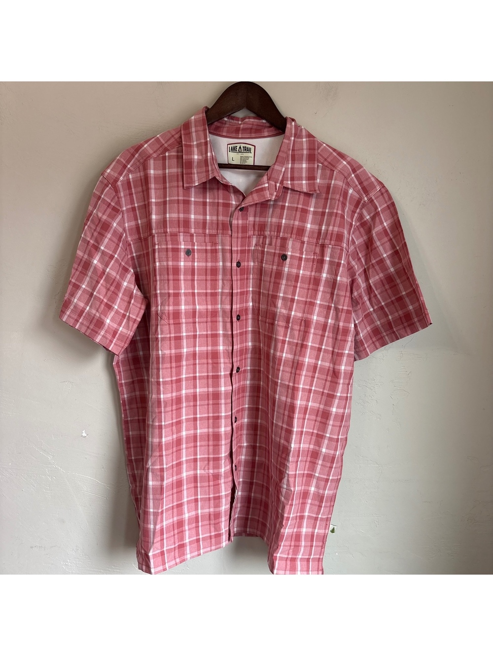 Lake & Trail Plaid Shirt Mens Large L Red White Short Sleeve Button Down Comp